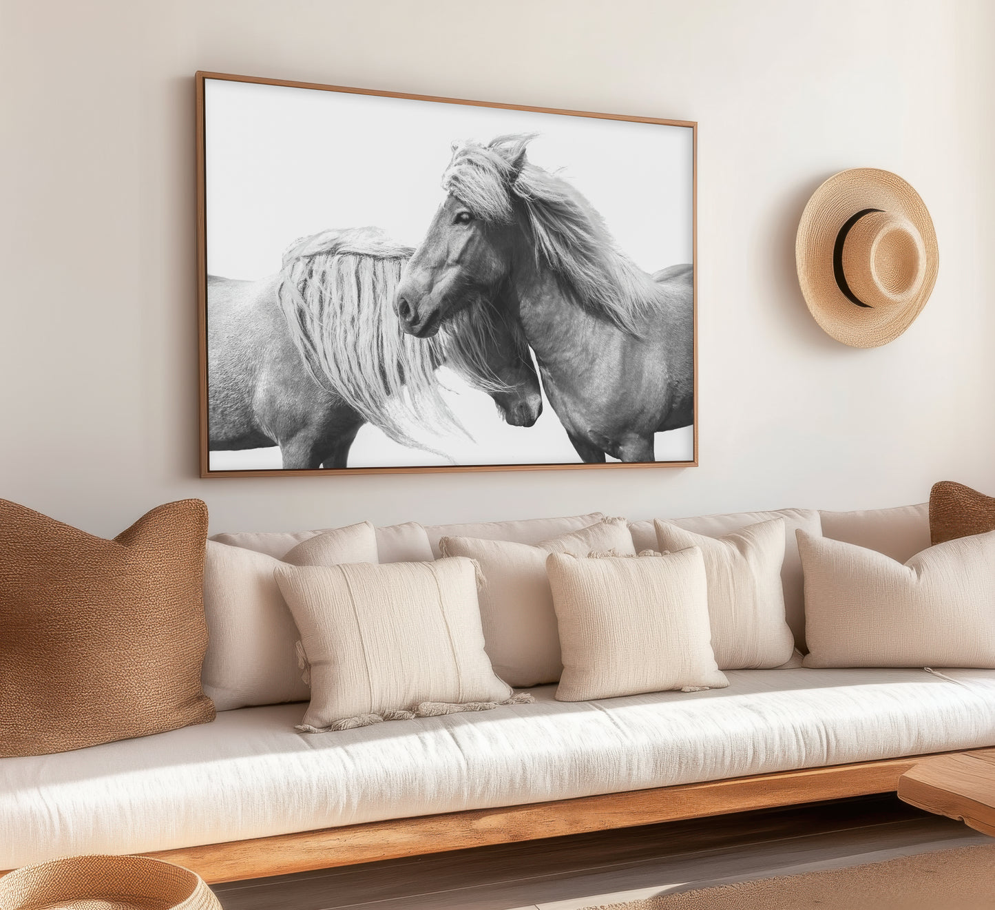 Black-and-white art print of two still wild horses with flowing manes, perfect for rustic farmhouse or equestrian-inspired decor.