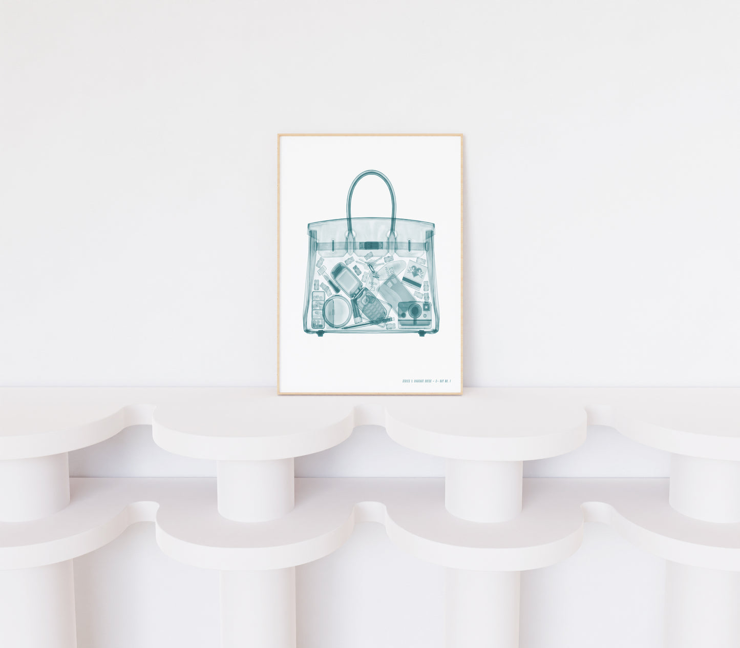 Airport X-ray inspired wall art featuring a transparent carry-on tote with a flip phone, instant camera, makeup, hotel key, and travel essentials in a monochrome fashion illustration style.