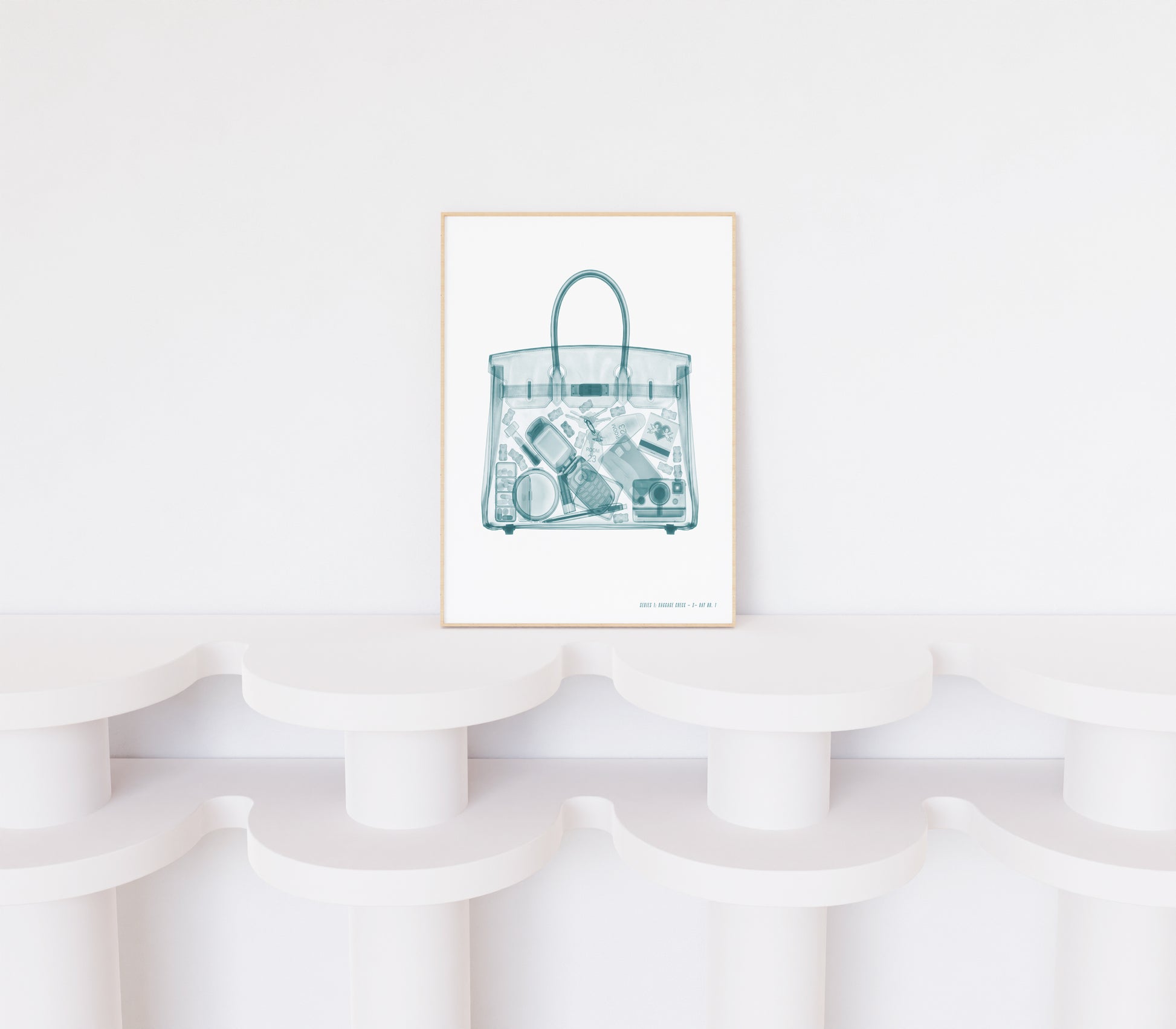 Airport X-ray inspired wall art featuring a transparent carry-on tote with a flip phone, instant camera, makeup, hotel key, and travel essentials in a monochrome fashion illustration style.