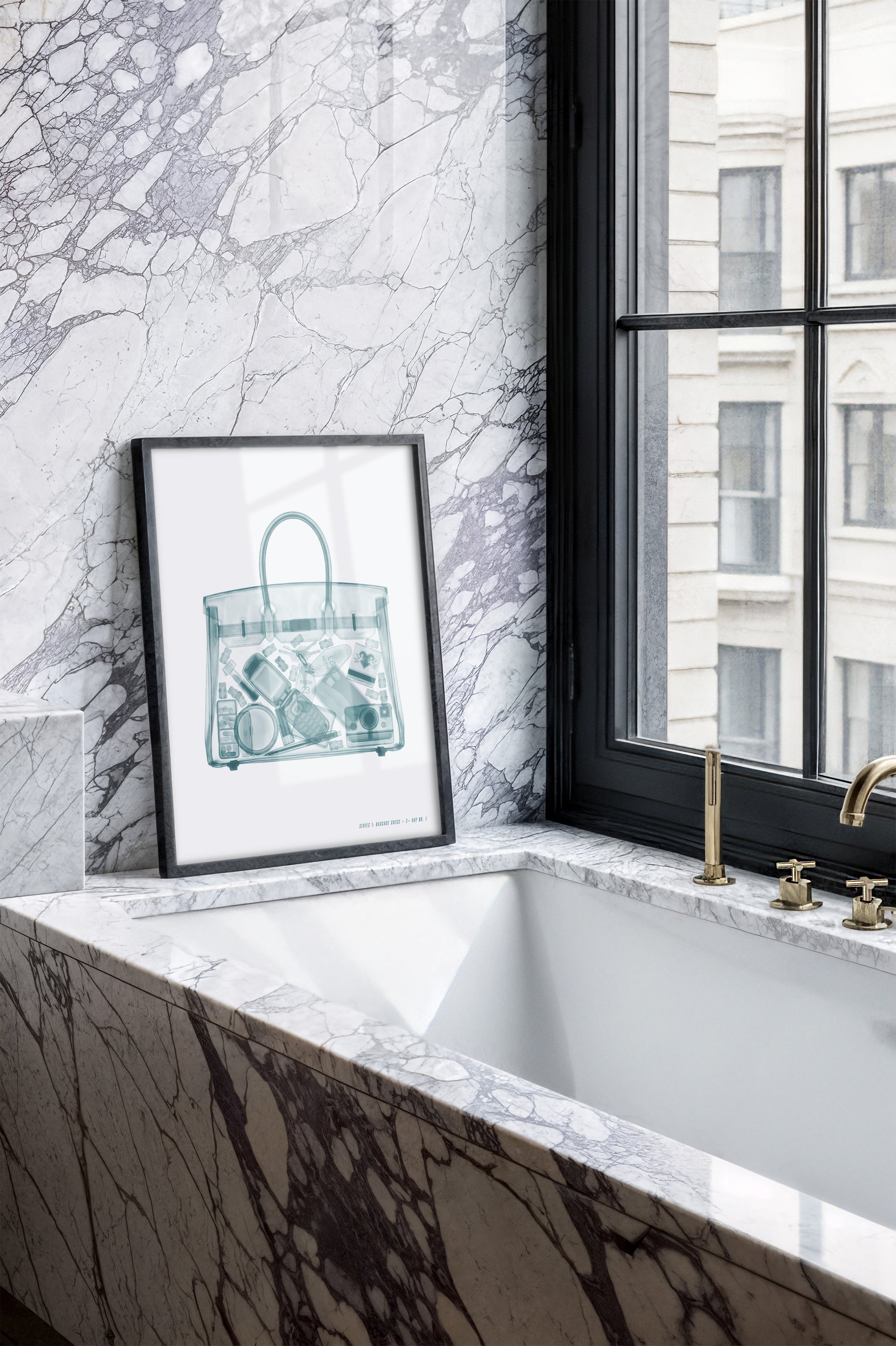Airport X-ray inspired wall art featuring a transparent carry-on tote with a flip phone, instant camera, makeup, hotel key, and travel essentials in a monochrome fashion illustration style.