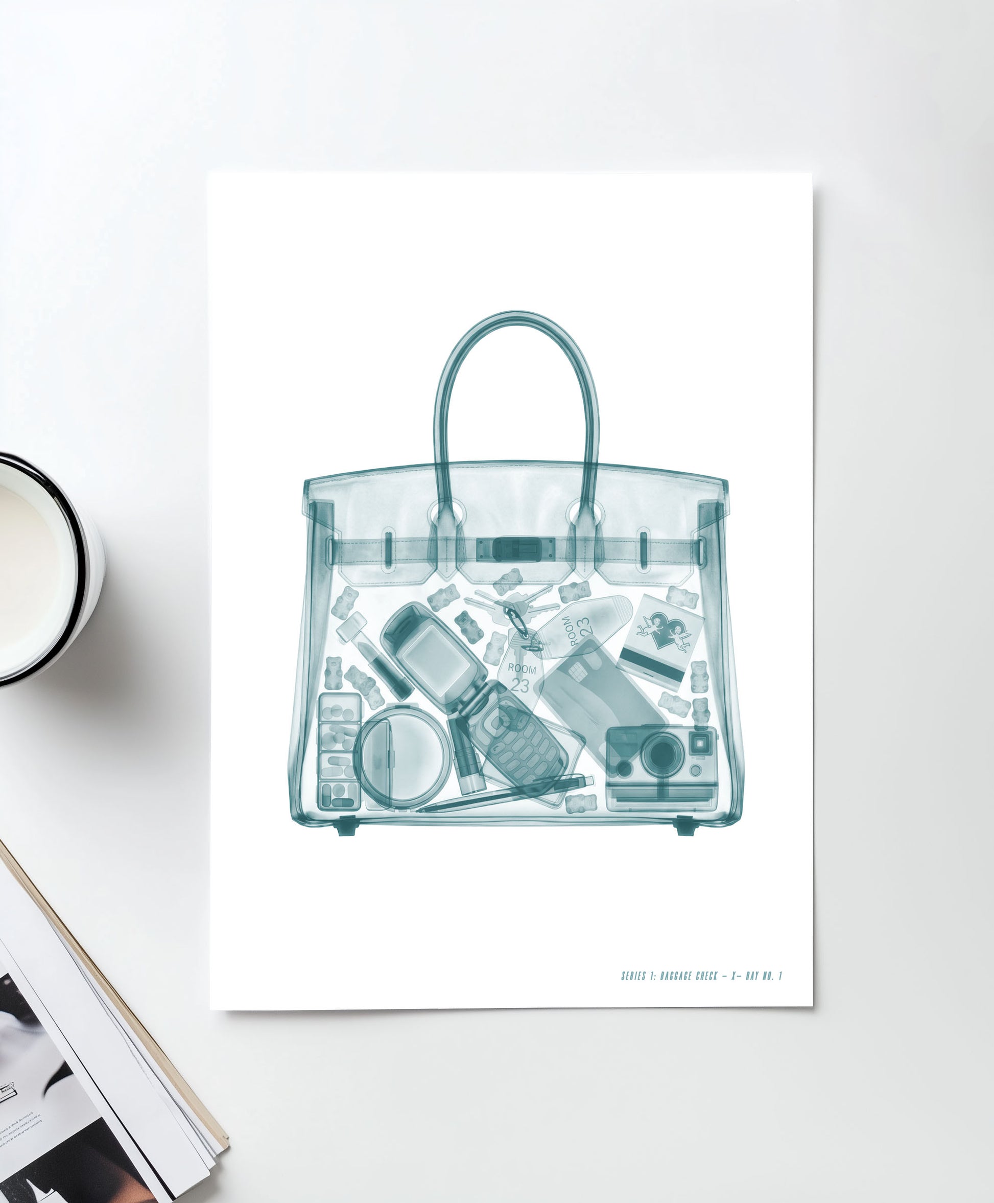 Airport X-ray inspired wall art featuring a transparent carry-on tote with a flip phone, instant camera, makeup, hotel key, and travel essentials in a monochrome fashion illustration style.