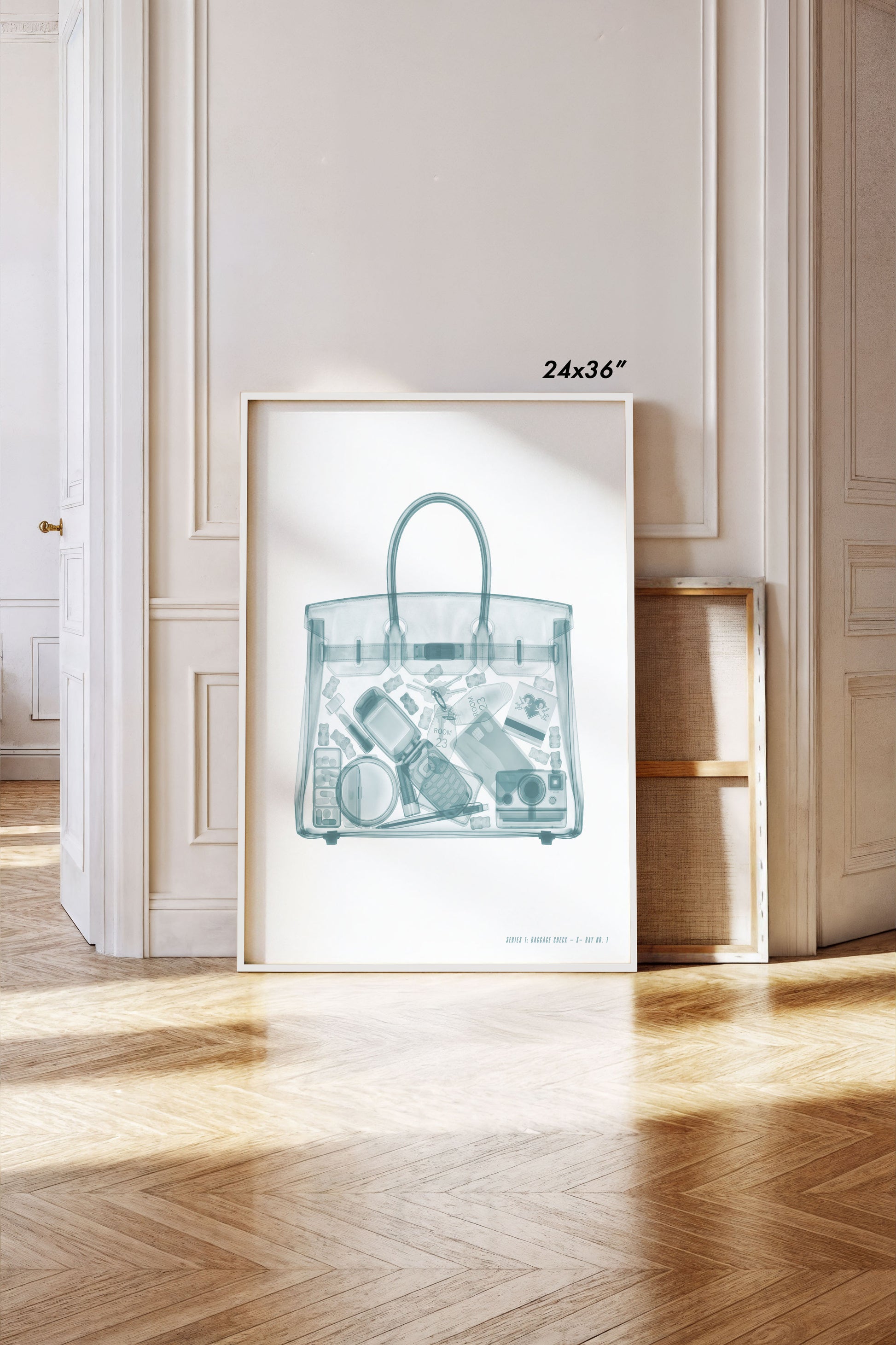 Airport X-ray inspired wall art featuring a transparent carry-on tote with a flip phone, instant camera, makeup, hotel key, and travel essentials in a monochrome fashion illustration style.