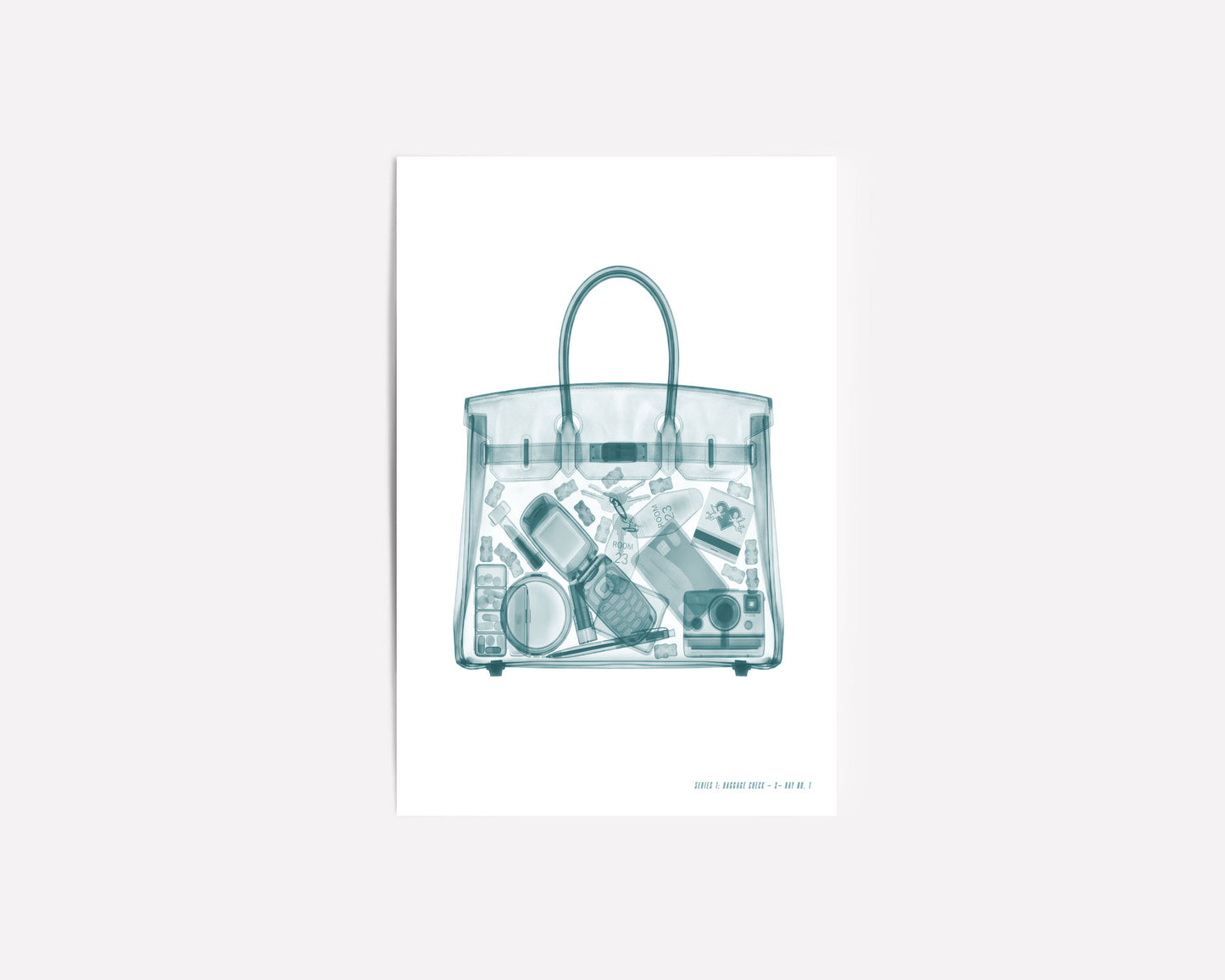 Airport X-ray inspired wall art featuring a transparent carry-on tote with a flip phone, instant camera, makeup, hotel key, and travel essentials in a monochrome fashion illustration style.