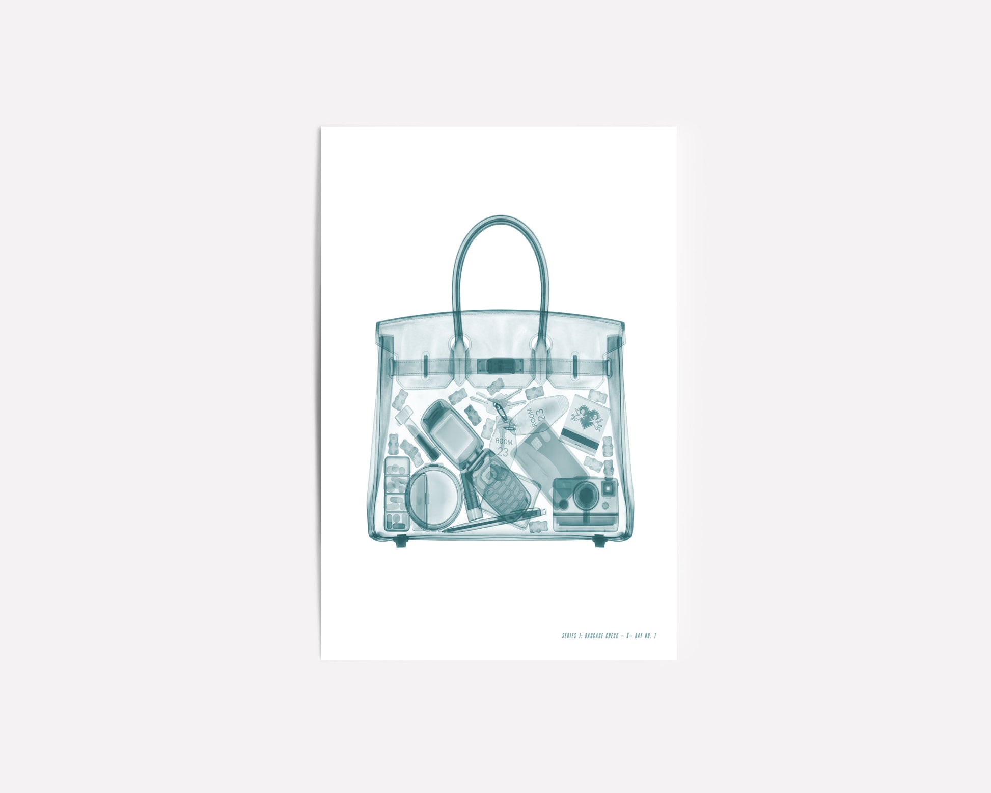 Airport X-ray inspired wall art featuring a transparent carry-on tote with a flip phone, instant camera, makeup, hotel key, and travel essentials in a monochrome fashion illustration style.
