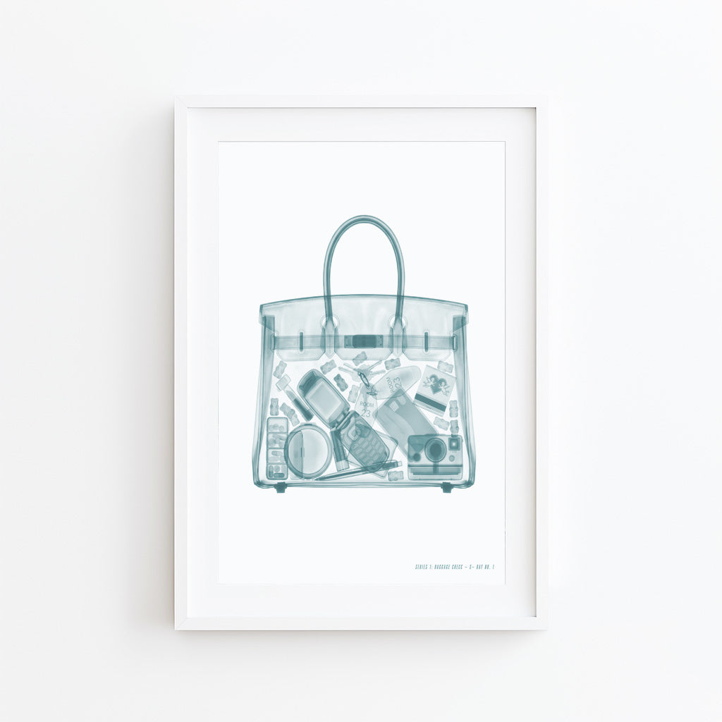 Airport X-ray inspired wall art featuring a transparent carry-on tote with a flip phone, instant camera, makeup, hotel key, and travel essentials in a monochrome fashion illustration style.