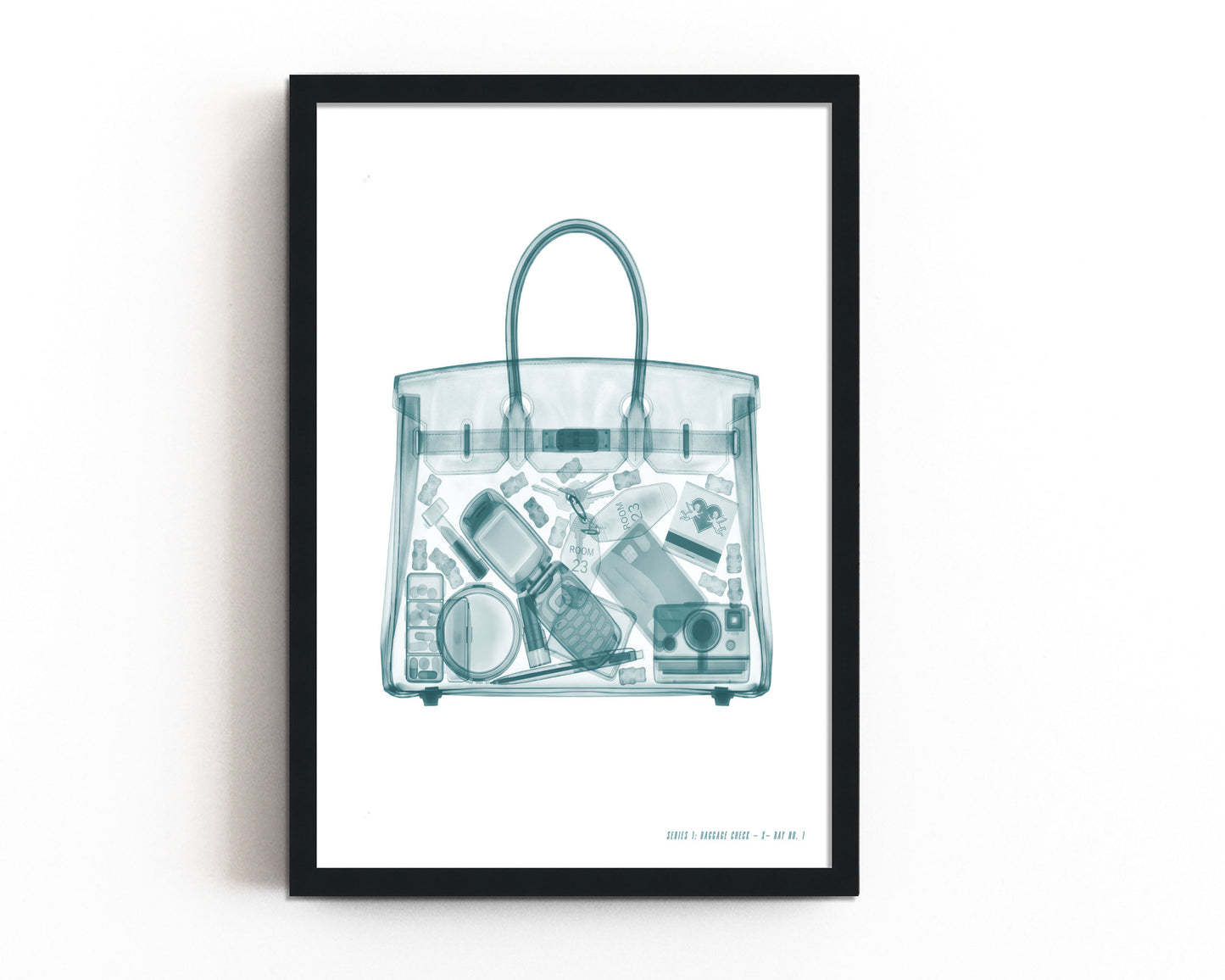 Airport X-ray inspired wall art featuring a transparent carry-on tote with a flip phone, instant camera, makeup, hotel key, and travel essentials in a monochrome fashion illustration style.