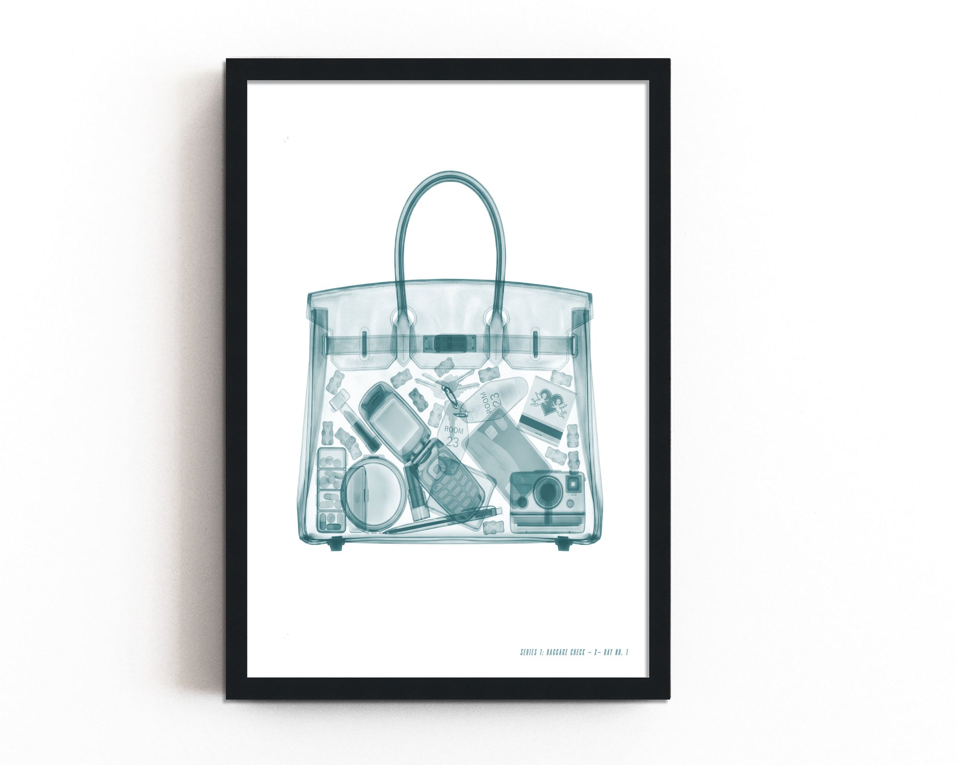 Airport X-ray inspired wall art featuring a transparent carry-on tote with a flip phone, instant camera, makeup, hotel key, and travel essentials in a monochrome fashion illustration style.