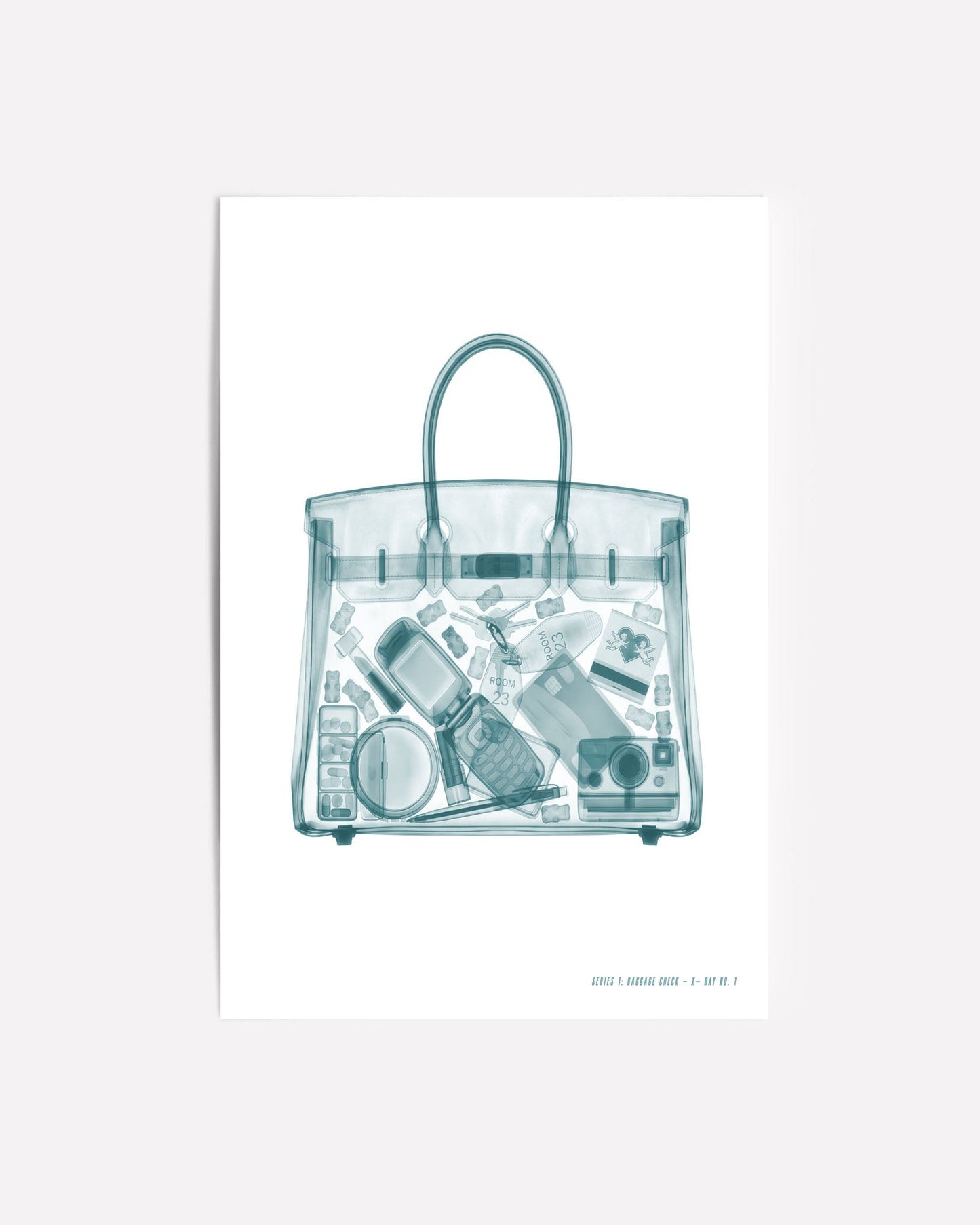 Airport X-ray inspired wall art featuring a transparent carry-on tote with a flip phone, instant camera, makeup, hotel key, and travel essentials in a monochrome fashion illustration style.