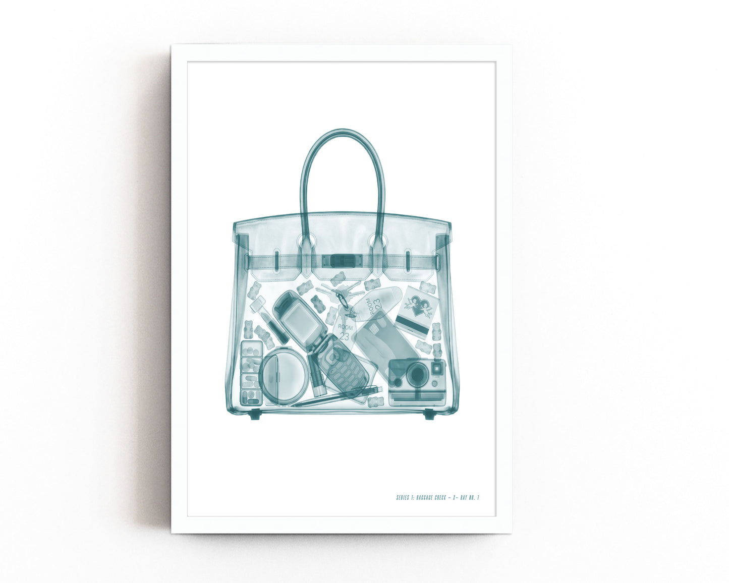 Airport X-ray inspired wall art featuring a transparent carry-on tote with a flip phone, instant camera, makeup, hotel key, and travel essentials in a monochrome fashion illustration style.