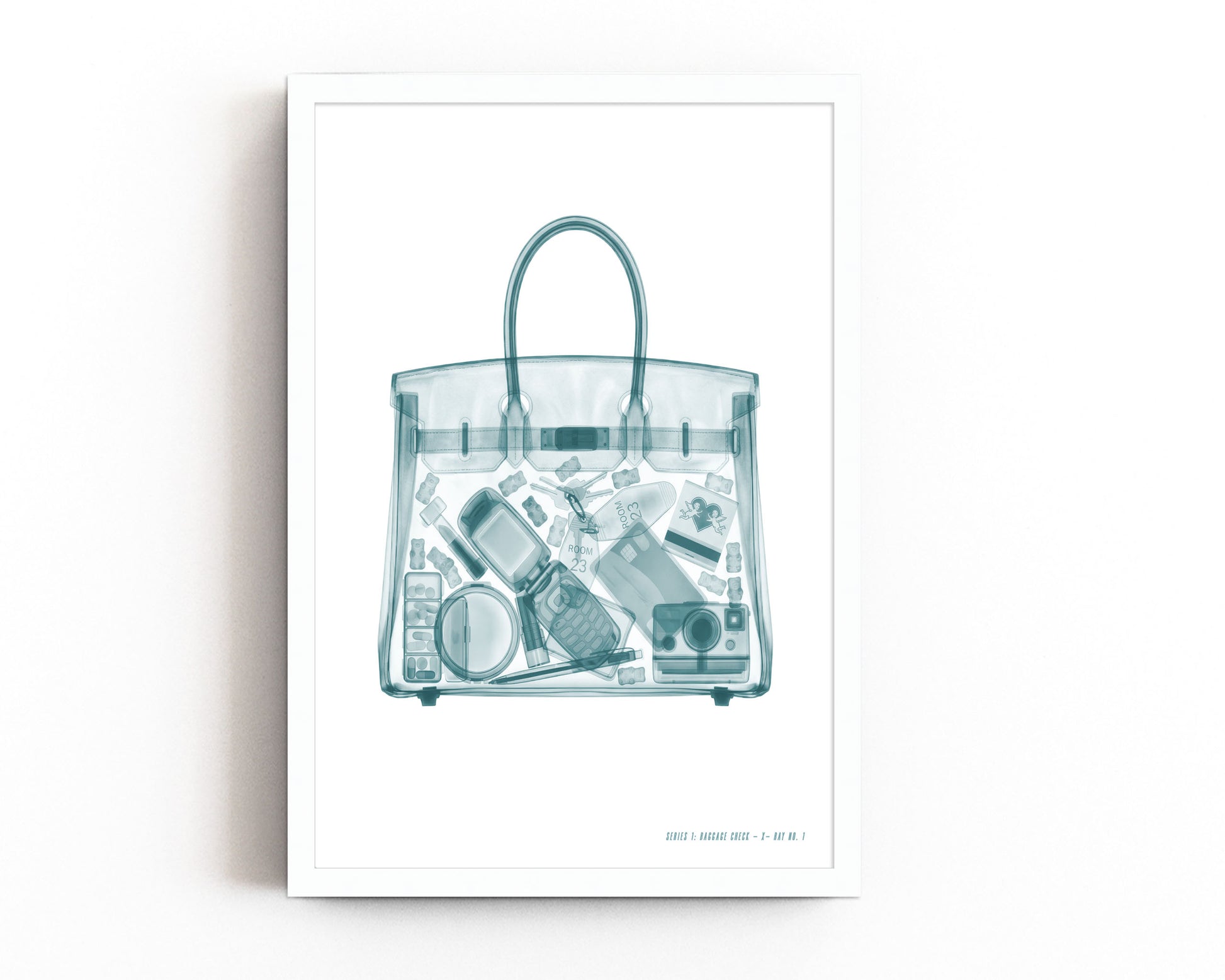 Airport X-ray inspired wall art featuring a transparent carry-on tote with a flip phone, instant camera, makeup, hotel key, and travel essentials in a monochrome fashion illustration style.
