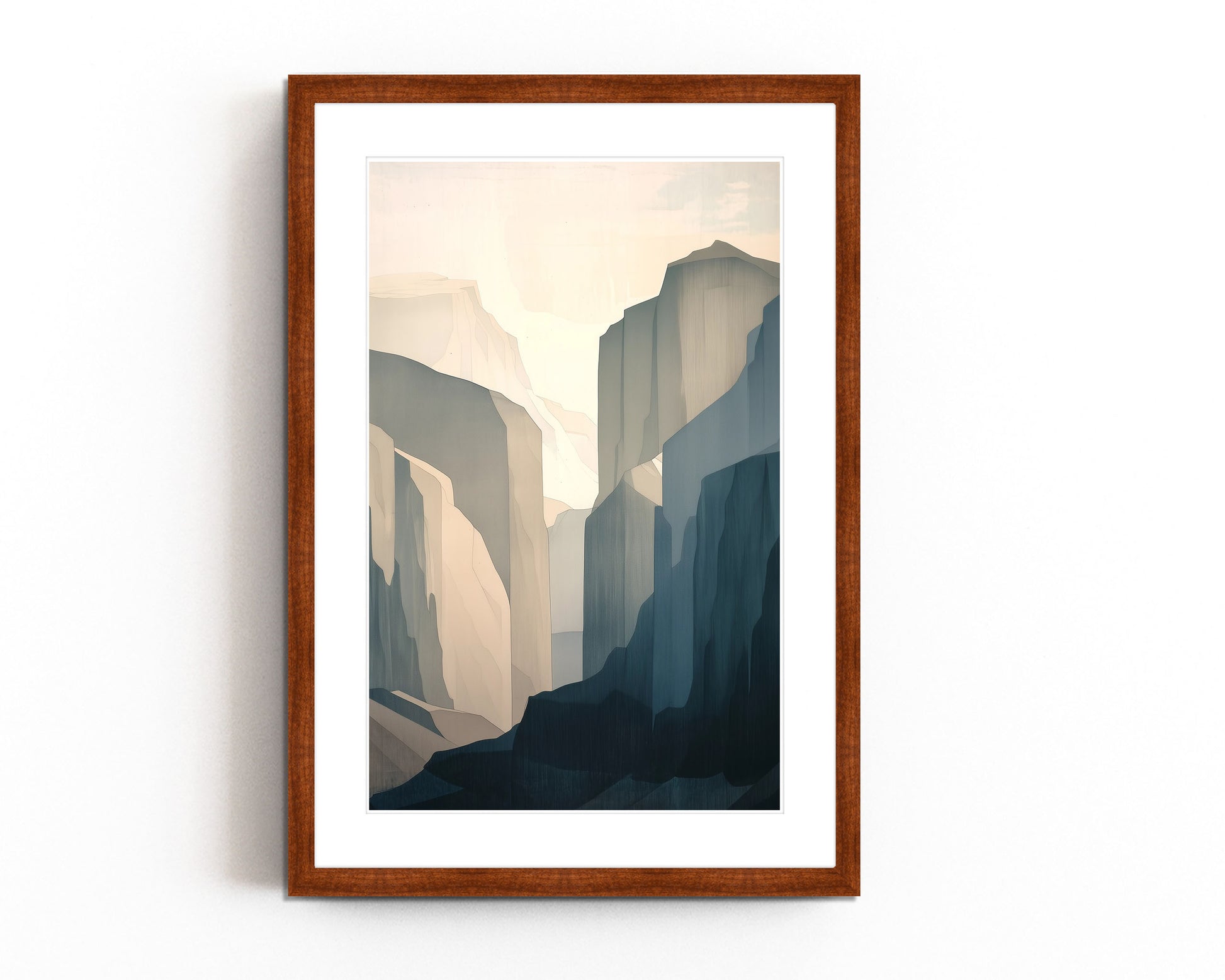 Abstract Yosemite National Park print with earth tones, featuring modern mountain cliffs and valleys for a minimalist and nature-inspired decor style.
