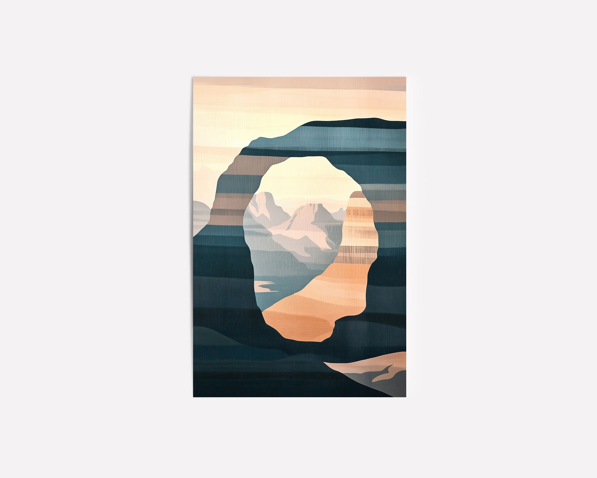 Abstract nature art print featuring a natural stone arch framing distant mountains, designed in warm earth tones and cool blues for modern and southwest decor.