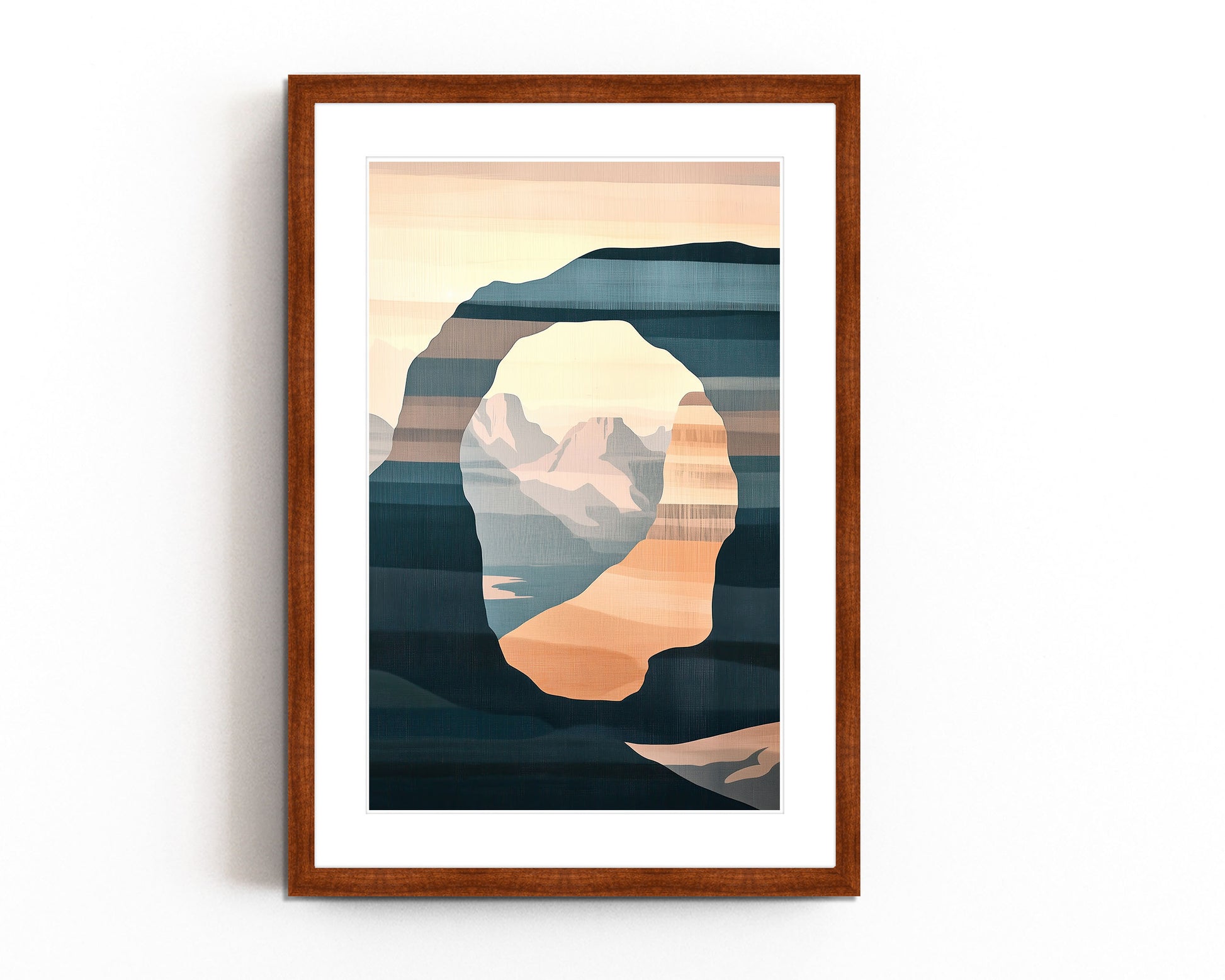 Abstract nature art print featuring a natural stone arch framing distant mountains, designed in warm earth tones and cool blues for modern and southwest decor.