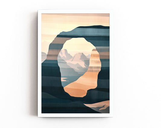 Abstract nature art print featuring a natural stone arch framing distant mountains, designed in warm earth tones and cool blues for modern and southwest decor.