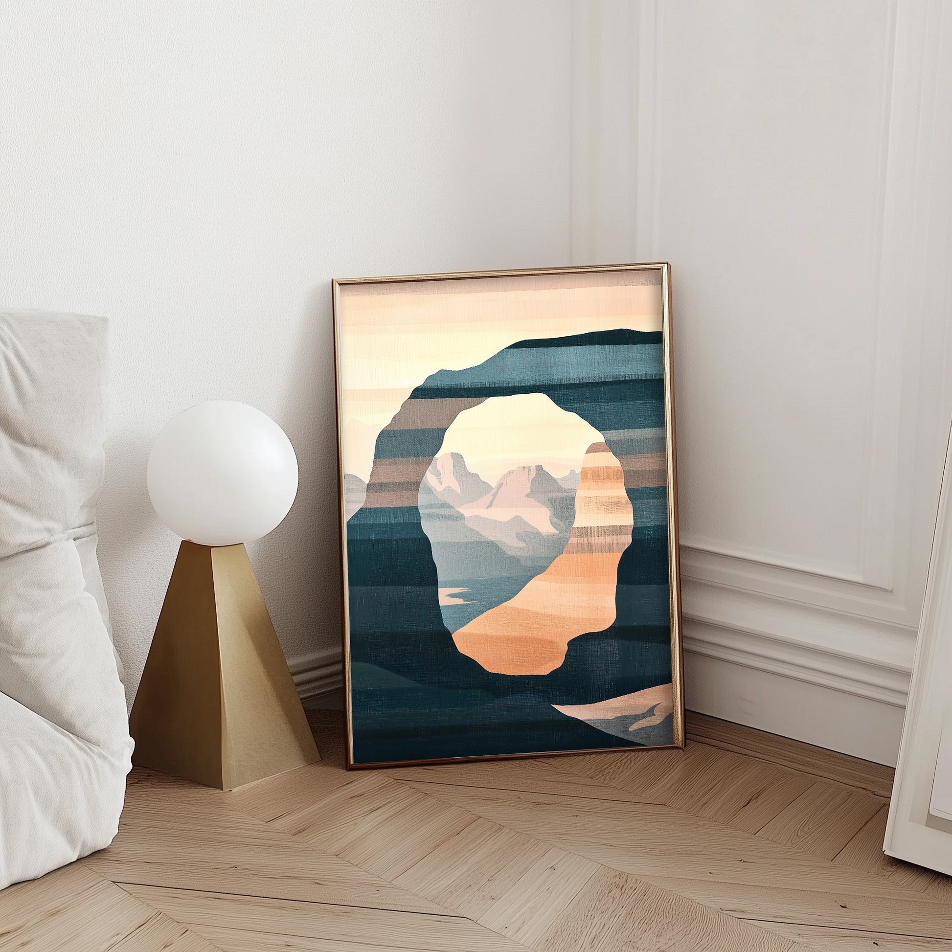 Abstract nature art print featuring a natural stone arch framing distant mountains, designed in warm earth tones and cool blues for modern and southwest decor.