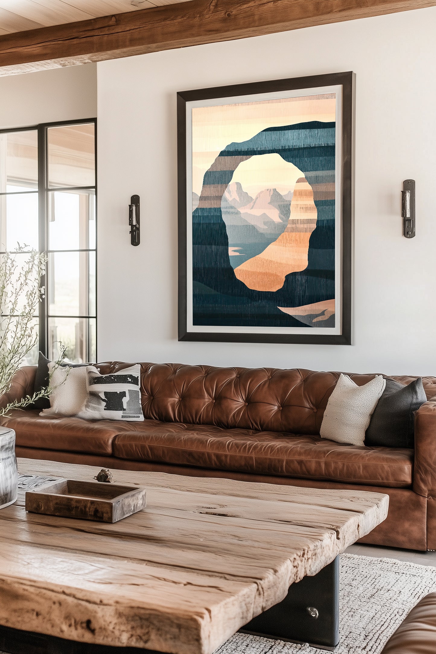 Abstract nature art print featuring a natural stone arch framing distant mountains, designed in warm earth tones and cool blues for modern and southwest decor.