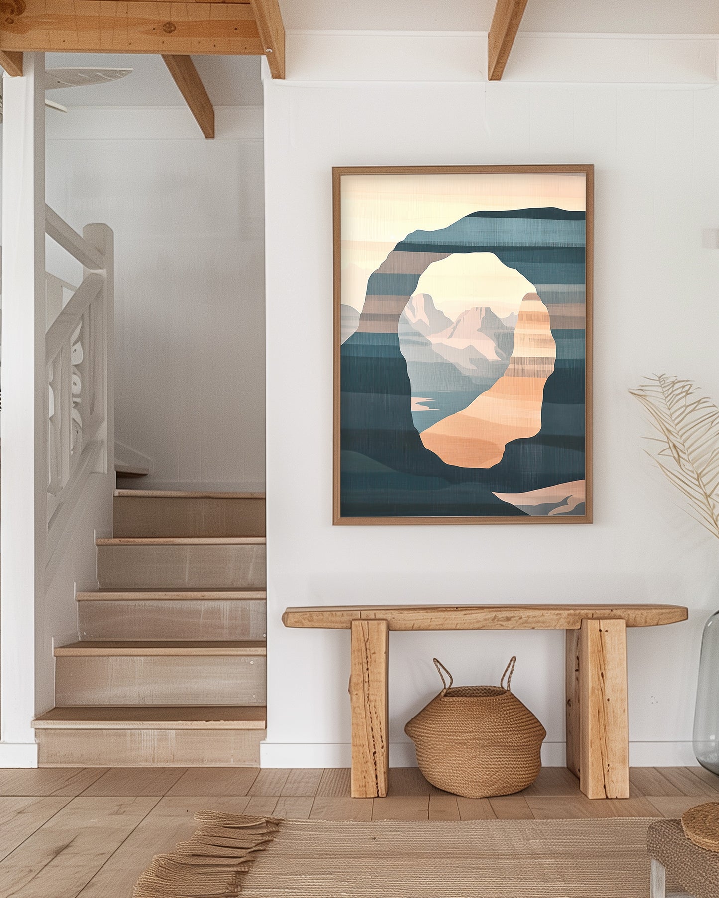 Abstract nature art print featuring a natural stone arch framing distant mountains, designed in warm earth tones and cool blues for modern and southwest decor.